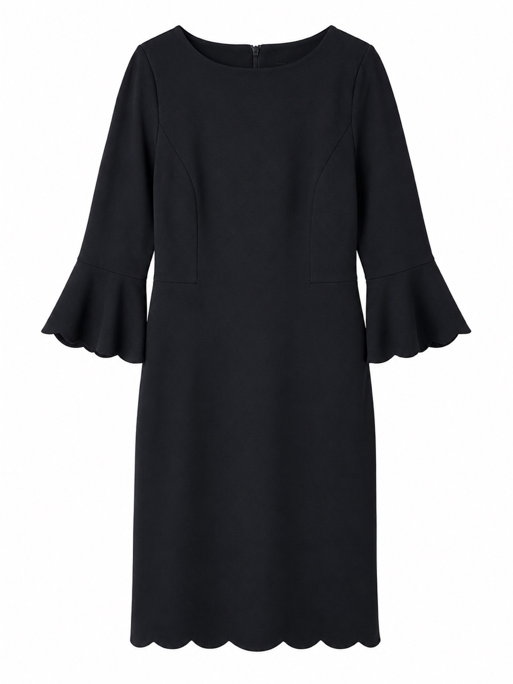 Talbots size 10 Black Scallop Edge Bell Sleeve Midi Cocktail Stretch Date Dress